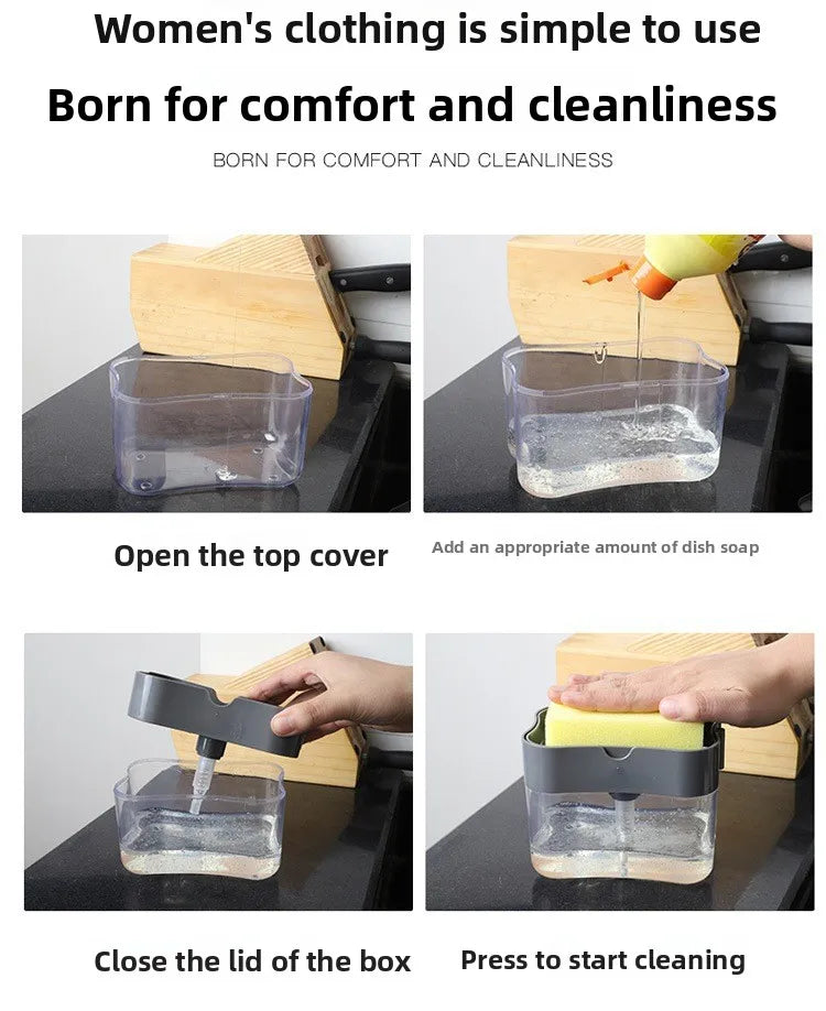 Kitchen cleaning essentials: dishwashing dispenser, auto liquid box, pot/dish brush, scouring pad, pot cleaner