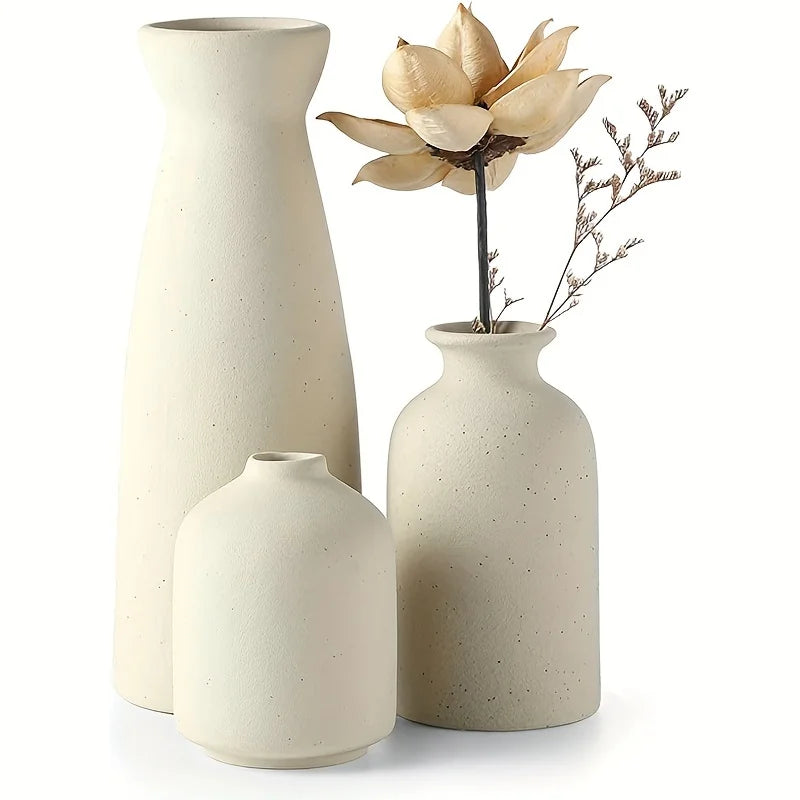 Set of 3 Ceramic Vases — Modern Farmhouse Accent for Shelves & Tables