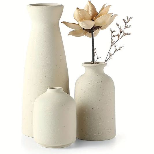 Set of 3 Ceramic Vases — Modern Farmhouse Accent for Shelves & Tables
