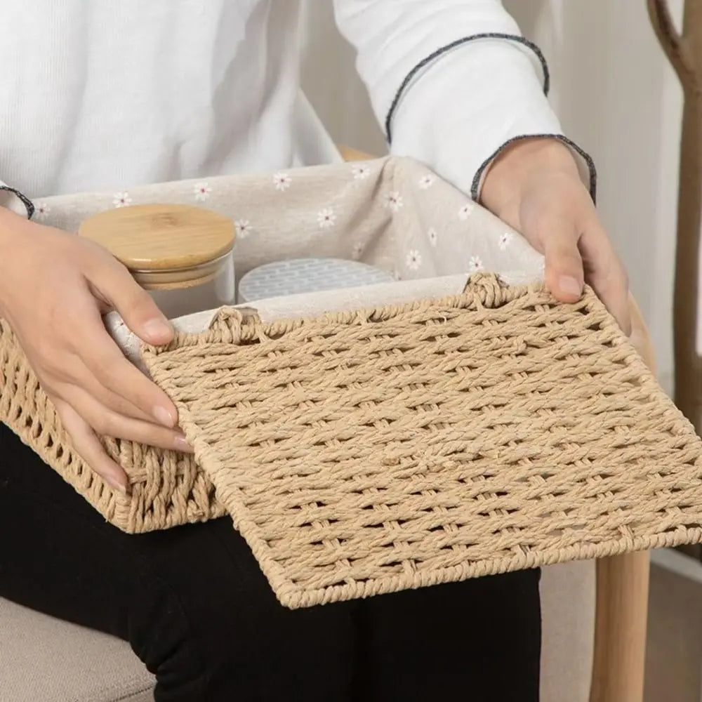 Hand Woven Wicker Storage Baskets Bohemia Hollow Out Decorative Bins Rectangular Portable Storage Basket Desk Decoration