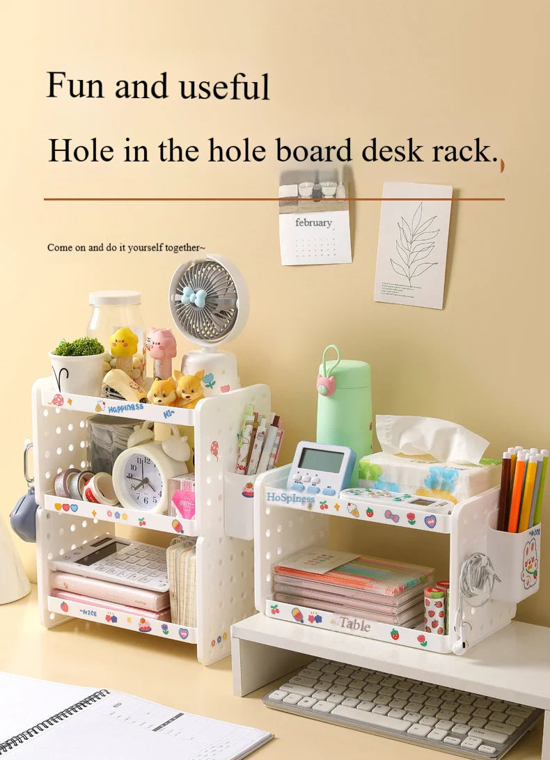 3-Tier Desktop Organizer Shelf with Pegboard – Modular Desk Storage Rack with Hooks & Compartments