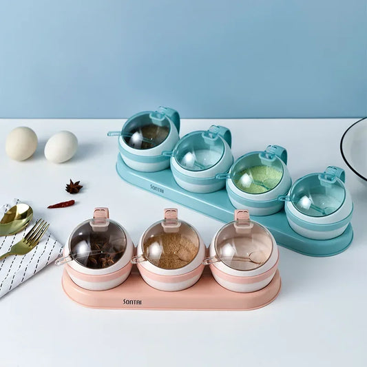 Kitchen Seasoning Box, Condiment Organizer, Spices Rack Storage Jars with Spoon Lid, Salt, Sugar and Pepper Shakers