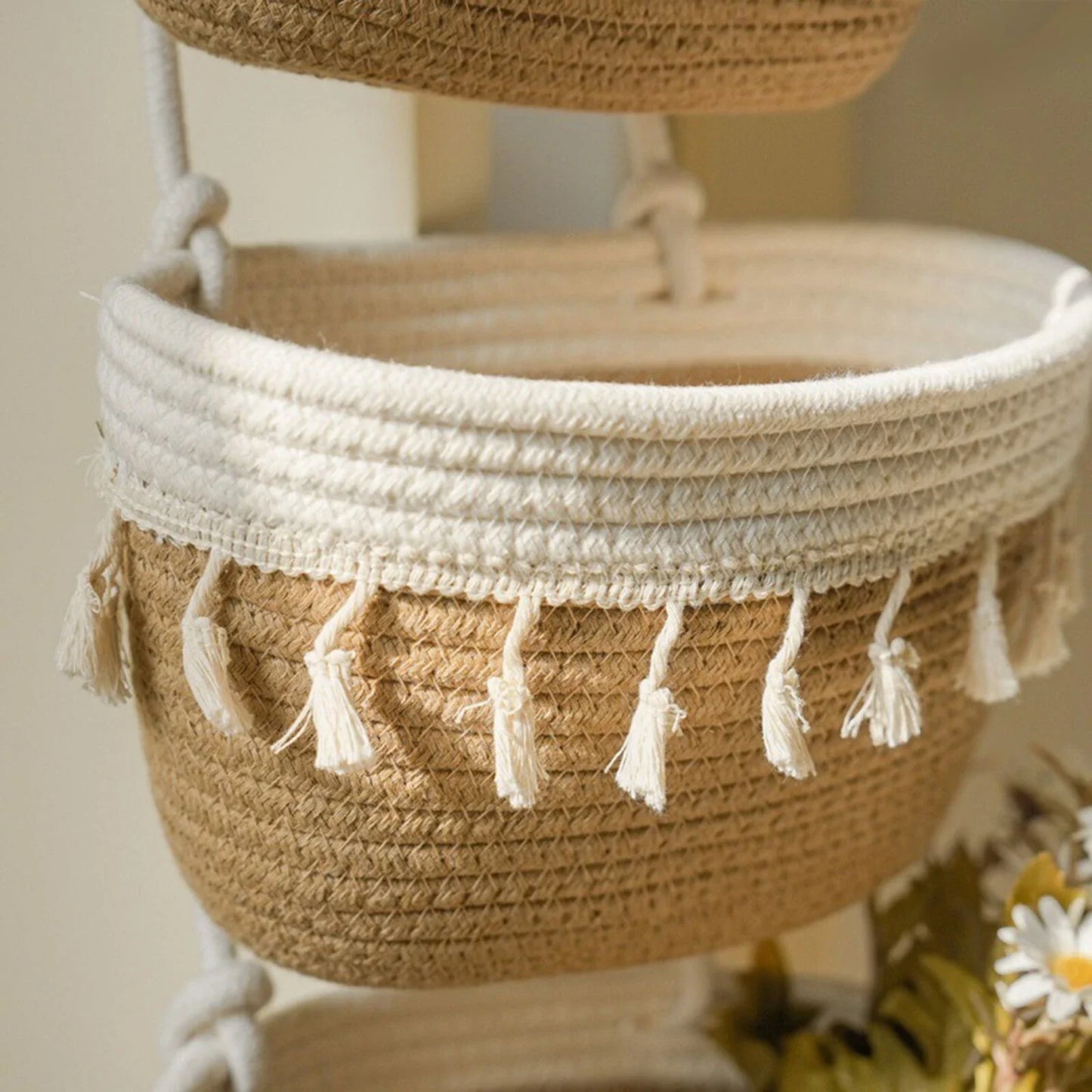3 Tier Hanging Rope Basket Wall Basket Boho Wall Decorative Woven Storage Sundries Cosmetics Box Basket Closet Living Room