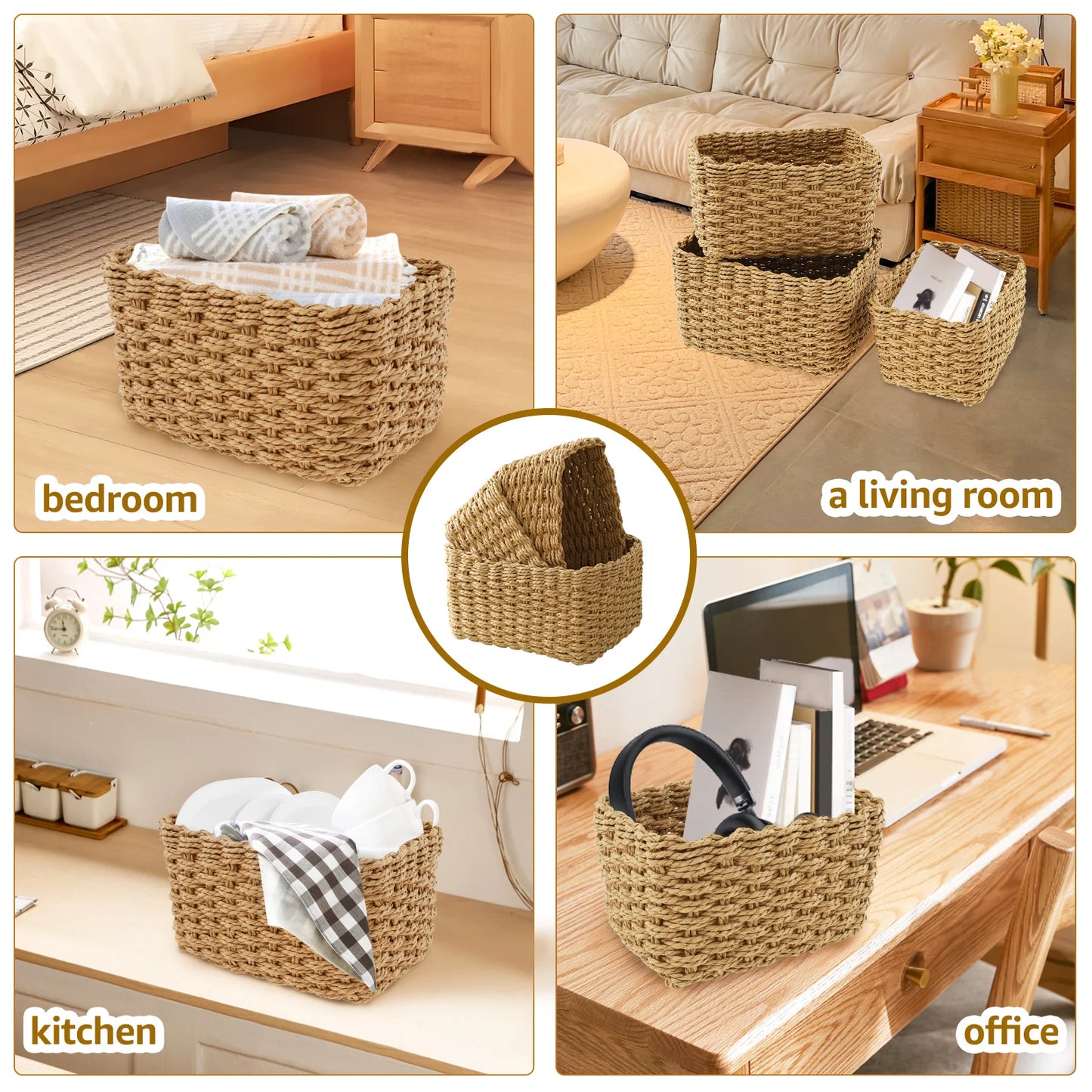 3Pcs Grass Woven Storage Baskets Decorative Woven Baskets for Storage Multifunctional Picnic Basket Fruit Cosmetic Storage Box