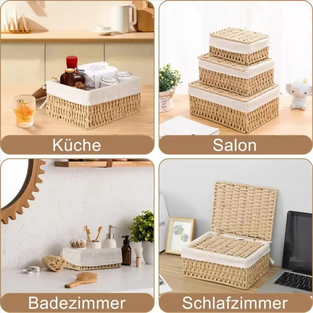 Hand Woven Wicker Storage Baskets Bohemia Hollow Out Decorative Bins Rectangular Portable Storage Basket Desk Decoration