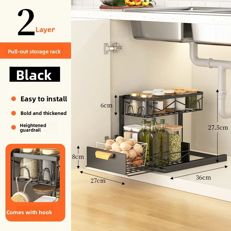 Kitchen Drawer Storage Rack, Pull-Out Under-Sink Organizer, Multi-Layer Storage Shelf, Cabinet Organizer for Kitchen Essential