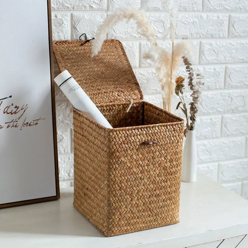 Grass Storage Basket Woven Organizer Baskets Decorative Large Capacity Bedroom Basket Luxury Toys Organizers Baskets with Lid