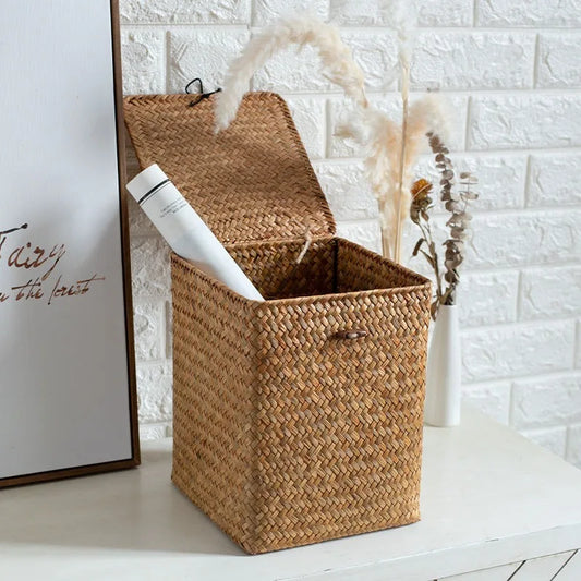 Grass Storage Basket Woven Organizer Baskets Decorative Large Capacity Bedroom Basket Luxury Toys Organizers Baskets with Lid