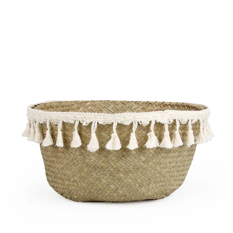 Boho Decor Wicker Baskets Storage Hand Woven Rattan Basket Foldable Pot with Handle Plant Cestos Mimbre Panier Rangement Osier