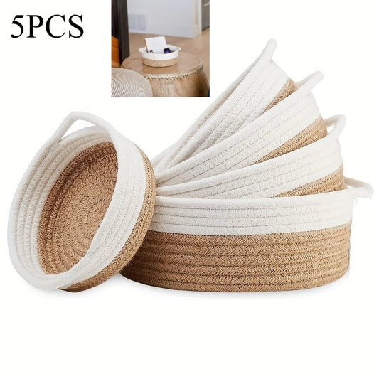 5pcs set of circular small baskets,hand woven baskets,toy storage baskets, fruits,remote controls,bathroom,table, key baskets