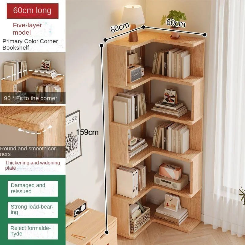 Solid wood corner bookshelf rack floor home living room corner multi-layer storage simple storage cabinet