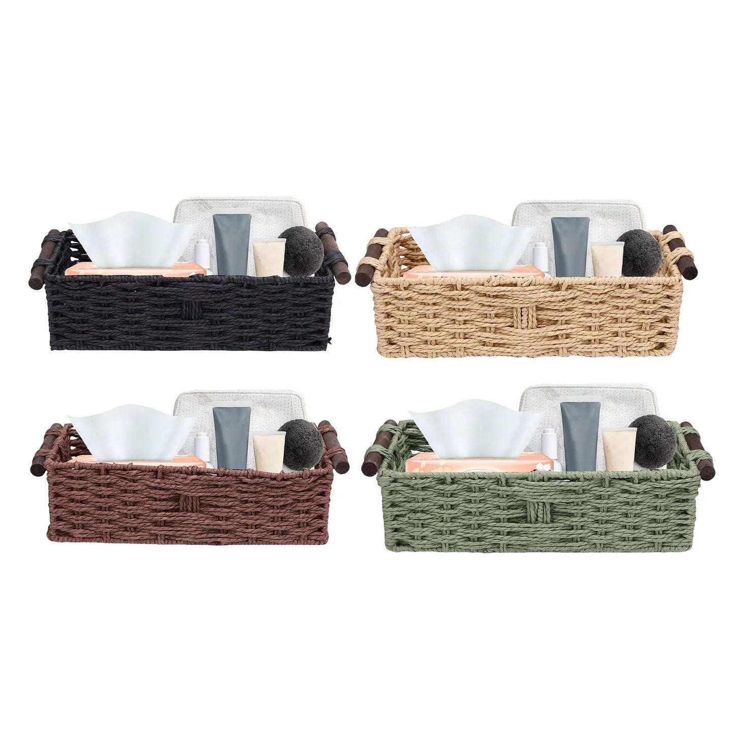 Toilet Paper Basket Handmade Decorative Cabinet Organizer Basket Breathable Wooden Handles Portable Paper Rope for Countertop