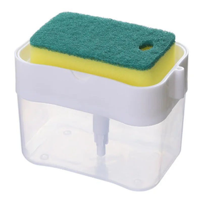 Kitchen cleaning essentials: dishwashing dispenser, auto liquid box, pot/dish brush, scouring pad, pot cleaner