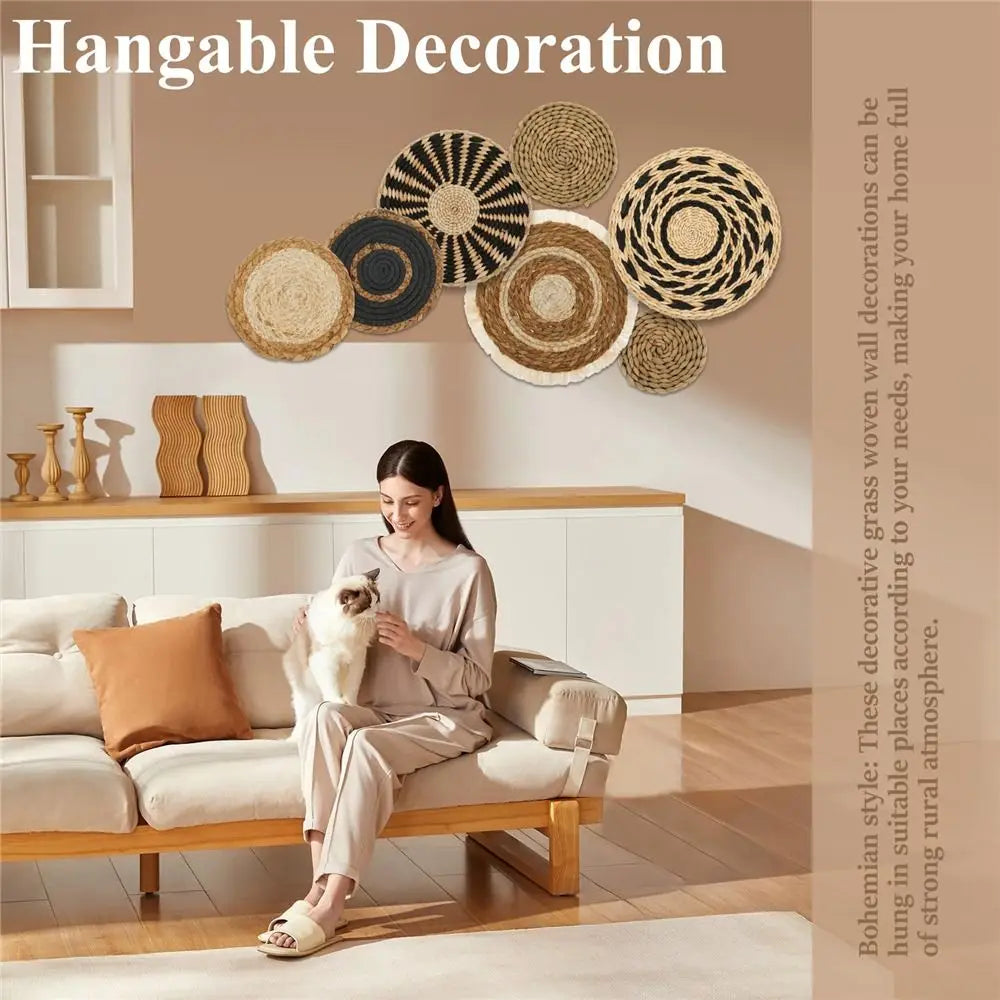 4/7PCS Boho Wall Baskets Seagrass Rattan Wicker Handmade Wall Art Room Decor Round Shape Hanging Wall Basket Home Decor