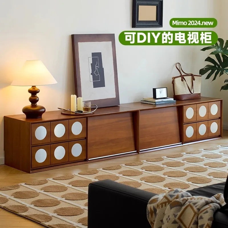 Retro Solid Wood Combination TV Cabinet Living Room Storage Lockers French Floor Bedroom Bedside Storage Cabinet Can Stacked