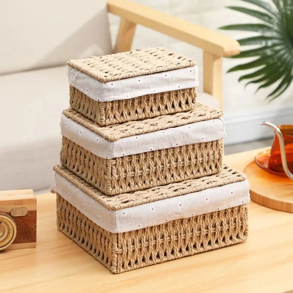 Hand Woven Wicker Storage Baskets Bohemia Hollow Out Decorative Bins Rectangular Portable Storage Basket Desk Decoration