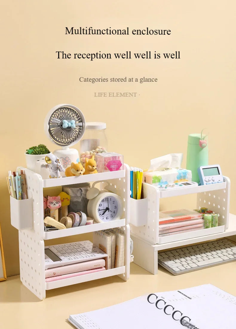 3-Tier Desktop Organizer Shelf with Pegboard – Modular Desk Storage Rack with Hooks & Compartments