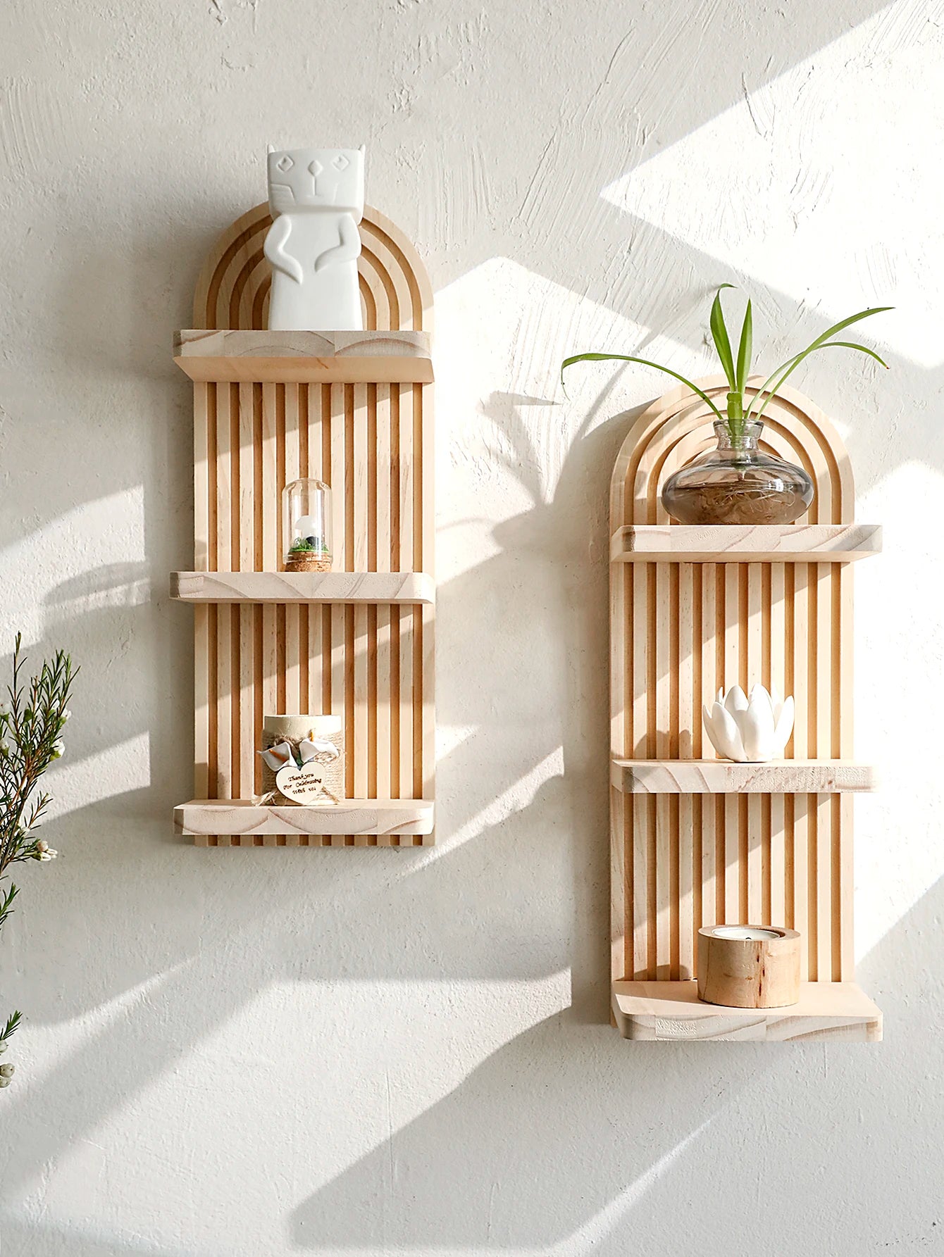Boho 3-Tier Arched Wooden Wall Shelf – Natural Floating Display