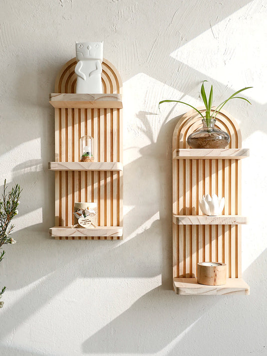 Boho 3-Tier Arched Wooden Wall Shelf – Natural Floating Display