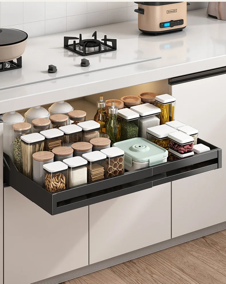 Kitchen Cabinet Basket With Slide Rails Drawer Type Bowl Dish Spice Box Storage Rack Scalable Shelf Bathroom Cabinets Organizer