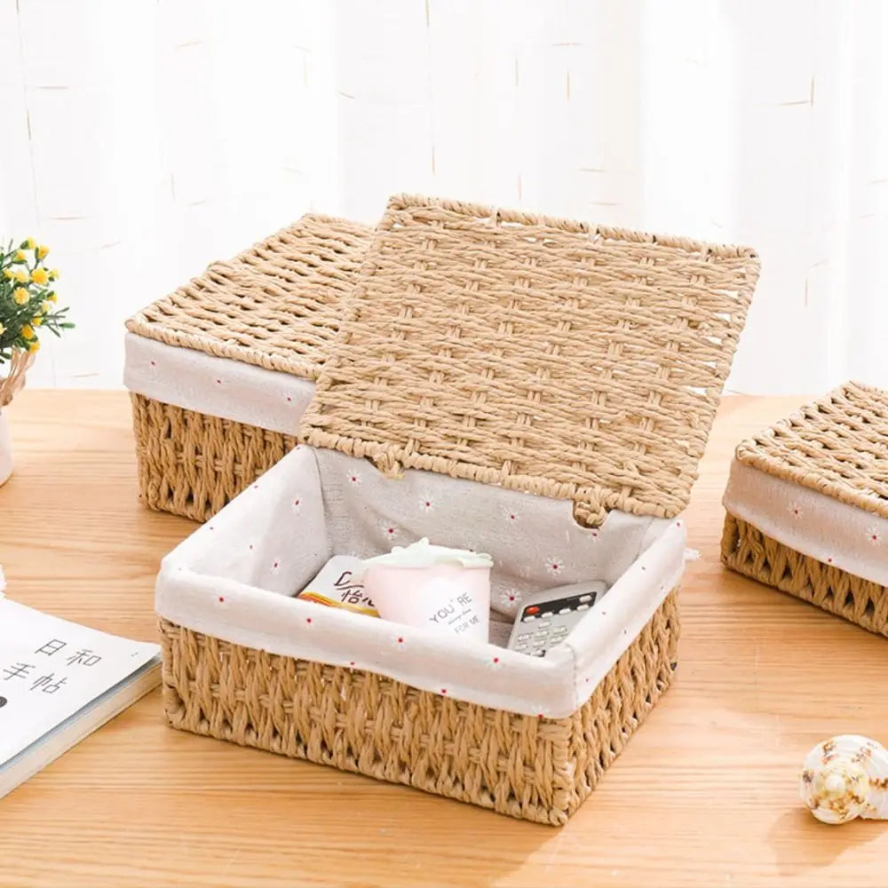 Hand Woven Wicker Storage Baskets Bohemia Hollow Out Decorative Bins Rectangular Portable Storage Basket Desk Decoration