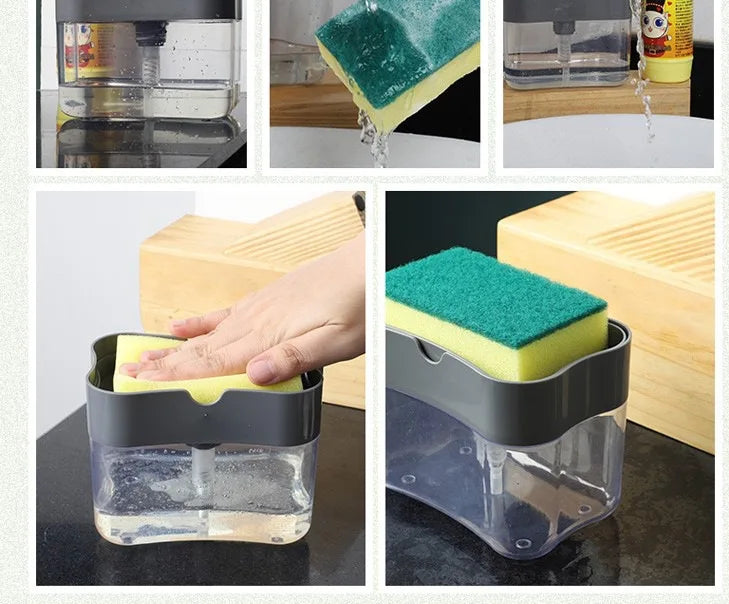 Kitchen cleaning essentials: dishwashing dispenser, auto liquid box, pot/dish brush, scouring pad, pot cleaner