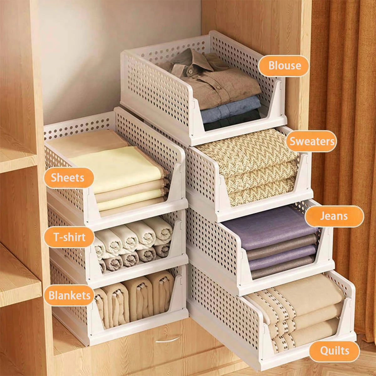 Stackable Folding Plastic Storage Baskets for Closet & Drawer Organization