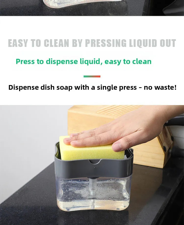 Kitchen cleaning essentials: dishwashing dispenser, auto liquid box, pot/dish brush, scouring pad, pot cleaner