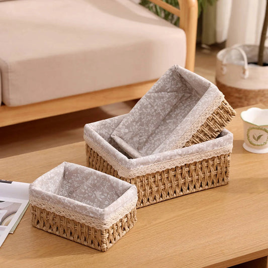 Bohemian Woven Rattan Storage Basket - Multi-Purpose Desktop Organizer for Cosmetics, Snacks & Natural Fiber Décor