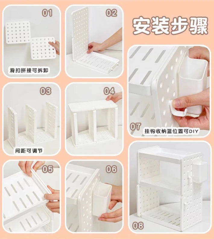 3-Tier Desktop Organizer Shelf with Pegboard – Modular Desk Storage Rack with Hooks & Compartments