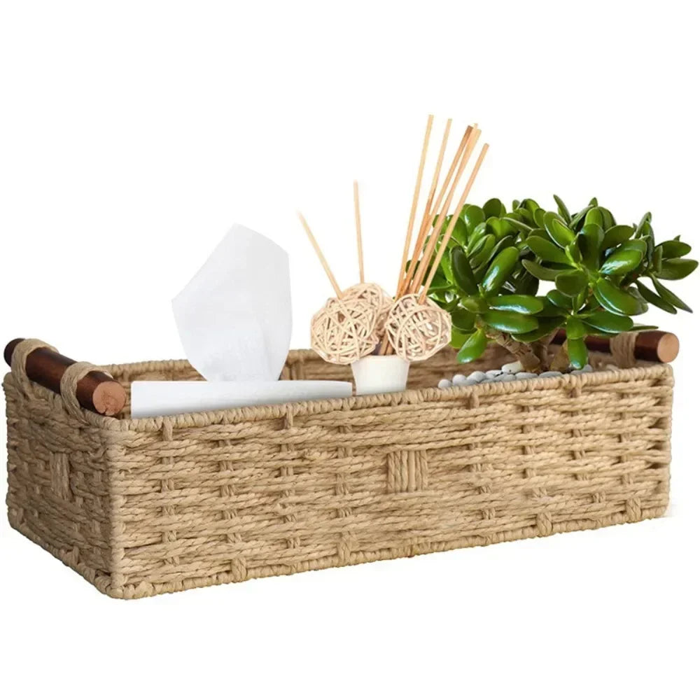 New Paper Rope Storage Basket with Handle Organizing Wicker Baskets Decorative Handmade Countertop Storage Bins High Quality