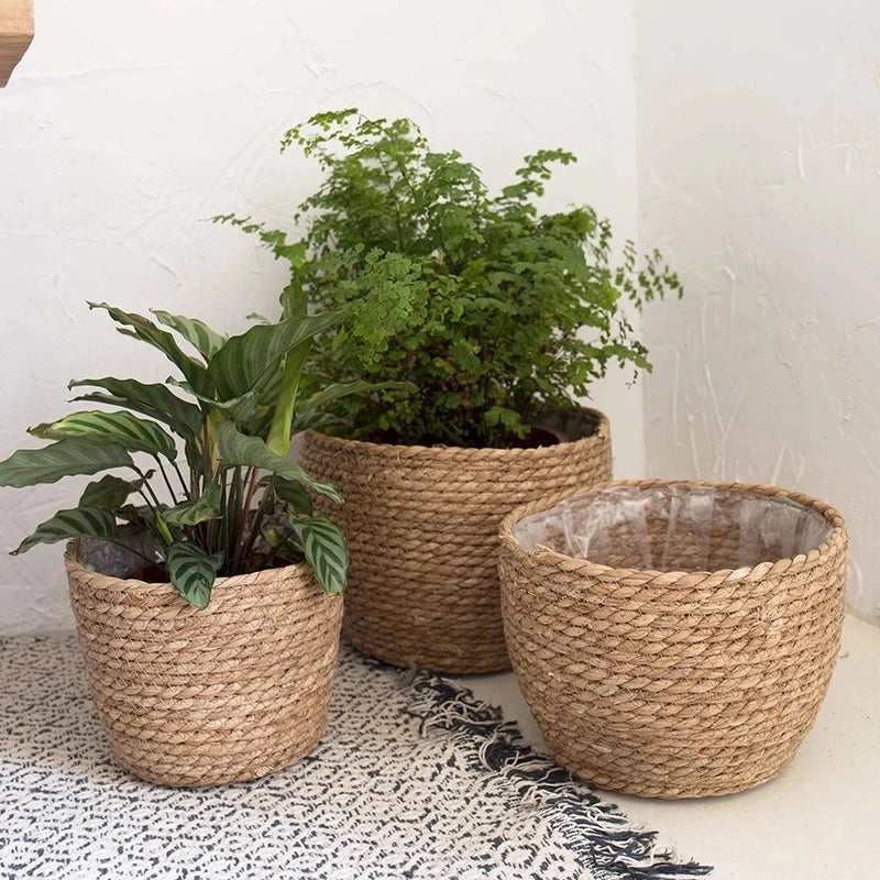 Handwoven Straw Plant Basket — Natural Indoor & Outdoor Planter Cover