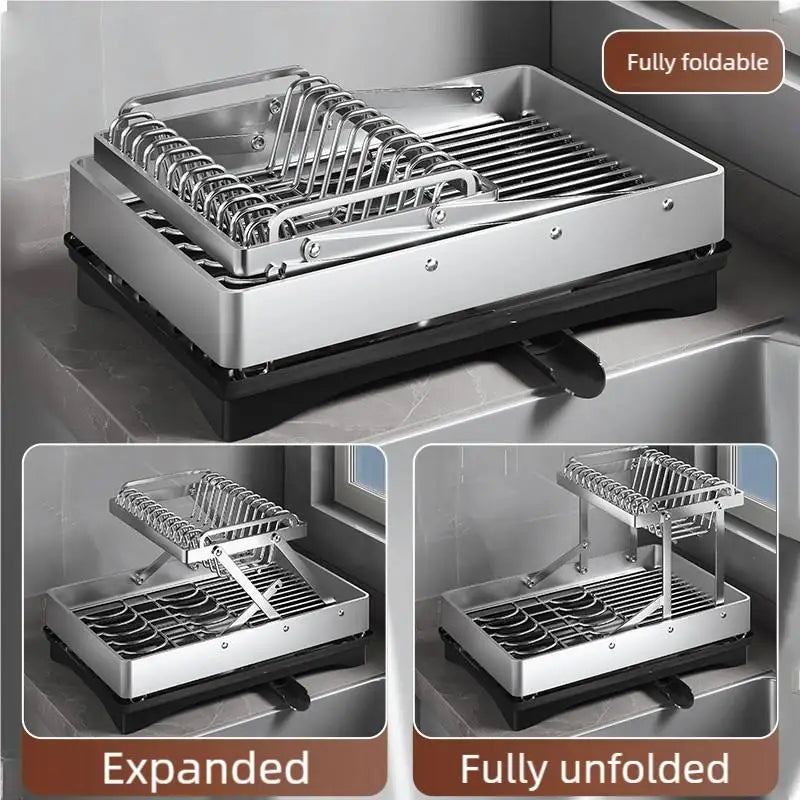 Kitchen Stainless Steel Dish Drainer Chopsticks Knives Forks and Cup Organizer Countertop ShelvesFoldable Multifunctional Rack