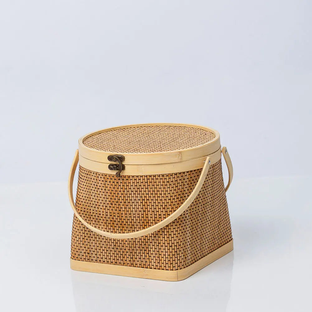 Bamboo Woven Storage Basket Flower Fruit Sundries Handle Basket Picnic Hamper Kitchen Organizer Home Decoration
