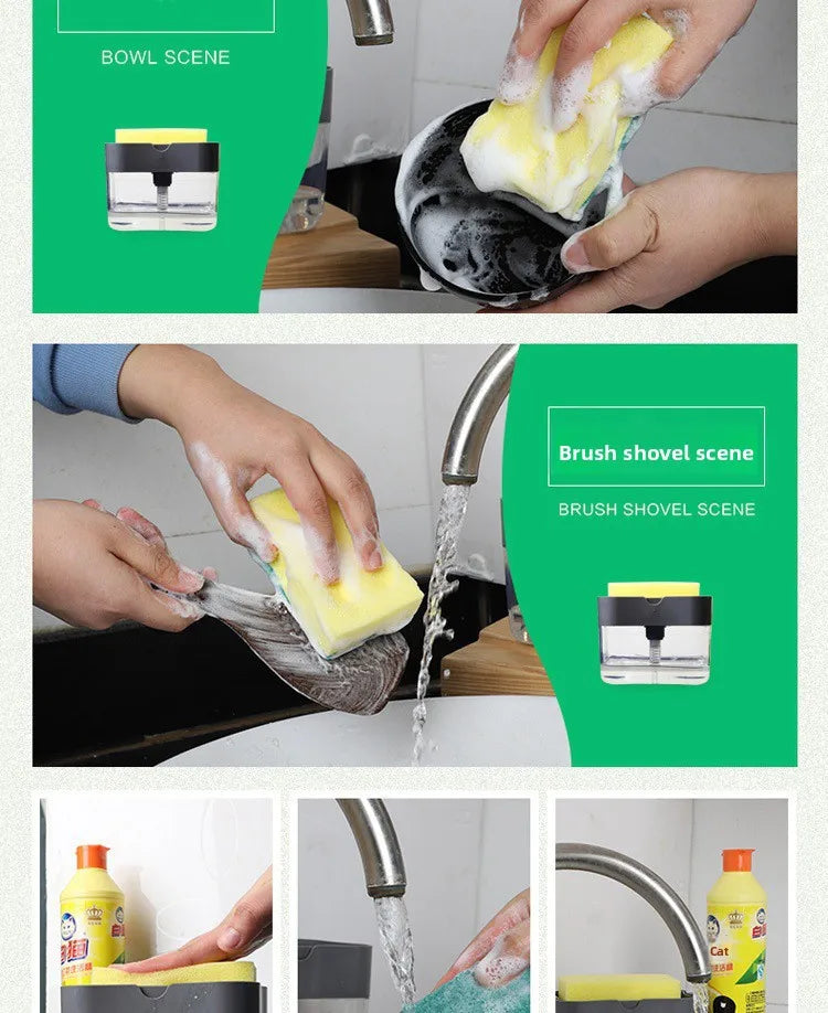 Kitchen cleaning essentials: dishwashing dispenser, auto liquid box, pot/dish brush, scouring pad, pot cleaner