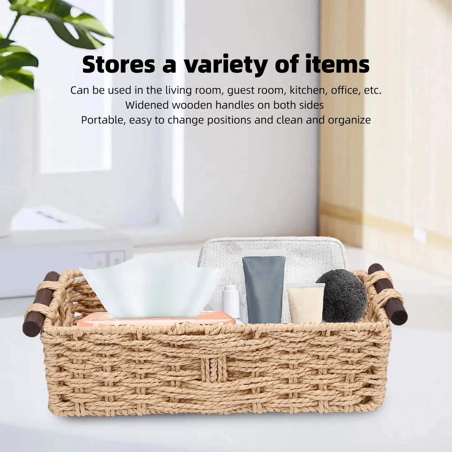 Toilet Paper Basket Handmade Decorative Cabinet Organizer Basket Breathable Wooden Handles Portable Paper Rope for Countertop
