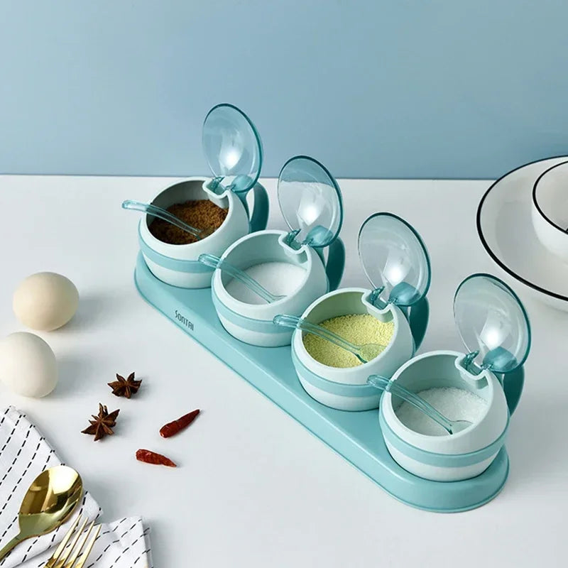 Kitchen Seasoning Box, Condiment Organizer, Spices Rack Storage Jars with Spoon Lid, Salt, Sugar and Pepper Shakers