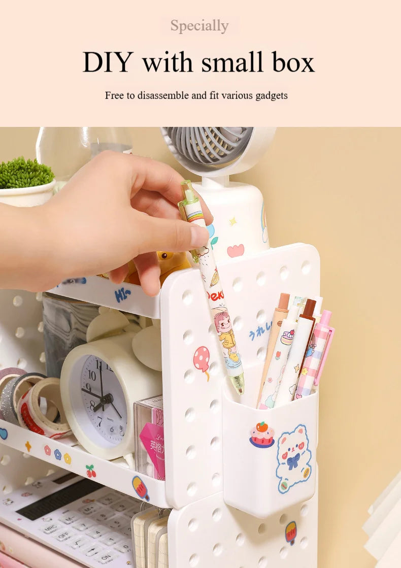 3-Tier Desktop Organizer Shelf with Pegboard – Modular Desk Storage Rack with Hooks & Compartments